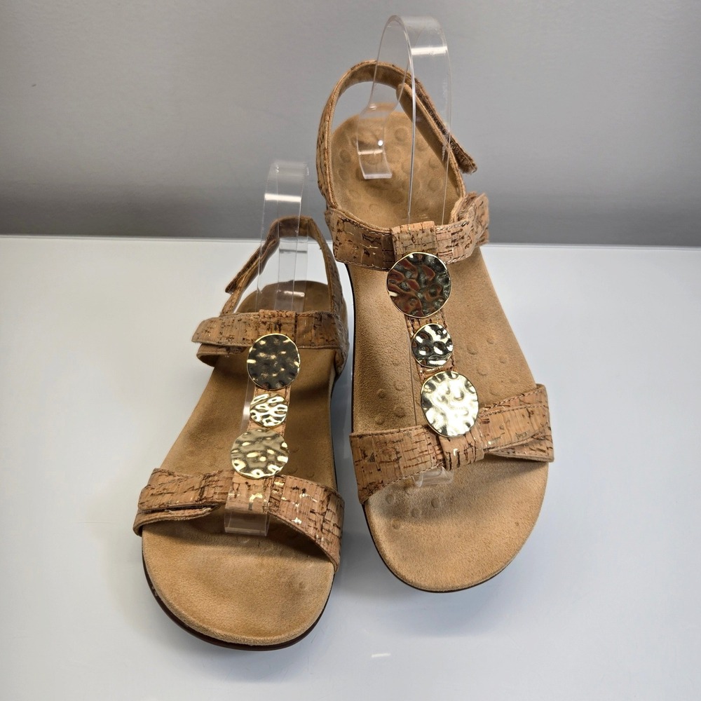 Vionic Farra Sandals 8.5 Cork Gold Medallion T Strap Orthotic Comfort Strappy